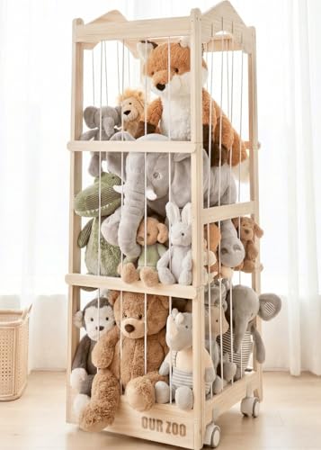 KUQAZ Stuffed Animal Storage - 3 in 1 Wooden Stuffed Animal Organizer with Wheels, Extra Large Stuffy Storage Animal Zoo, Plushies Storage Tower Cage for Kids Toddler Room Decor (16Lx17Wx48H")