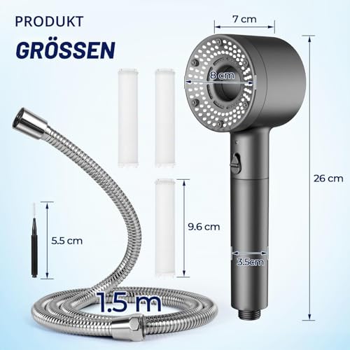 Blendura Duschkopf mit Schlauch 1,5 m, Handbrause mit 3 Filtern, Anti Kalk Funktion, 5 Strahlarten Duschbrause, Wassersparend