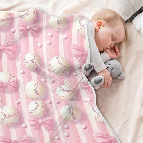 Image of Pink Ribbon Baseball(3) Baby Blanket Cotton Cozy Throw Blanket Warm Nursery Swaddle Receiving Toddler Blankets 30 inch x 40