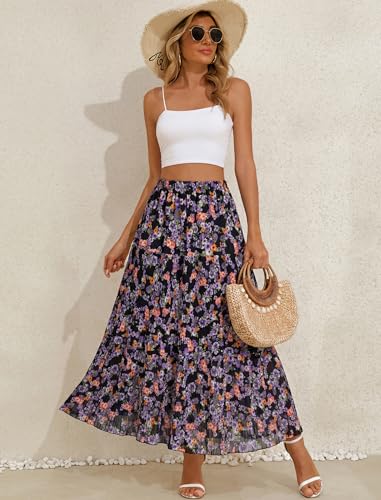 Arolina Boho Skirt for Women Summer Casual Elastic High Waist Flowy Maxi Skirt A-Line Tiered Long Skirts Travel Flower Print Black Floral — view 5