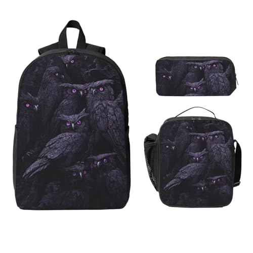 Gothic Owl Backpacks 3 Pcs Minimalist Backpack for Men and Women with Fun Graphic Cartoon Print for Travel Work