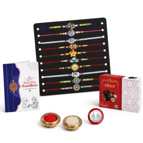 Image of Garth 10 Rakhis Multicolor Rakhi for Brother & Bhaiya with Chocolate Magic 32gm - Raksha Bandhan Gift Set with Roli Tikka, Pooja Coin & Greeting Card | Rakhi Thread for Brother, Pack of 14 (MC150)