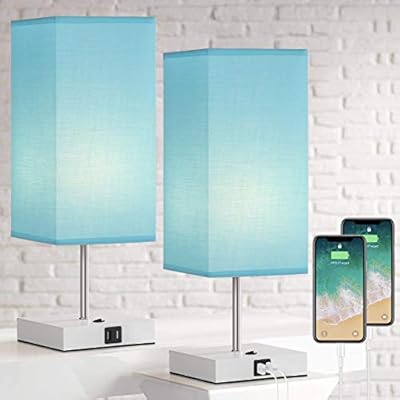 JS NOVA JUNS Bedside Table Lamp Set of 2 with Dual USB Charging Port, Nightstand Lamp with Blue Lampshade for Bedroom, Living, Room, Study Room