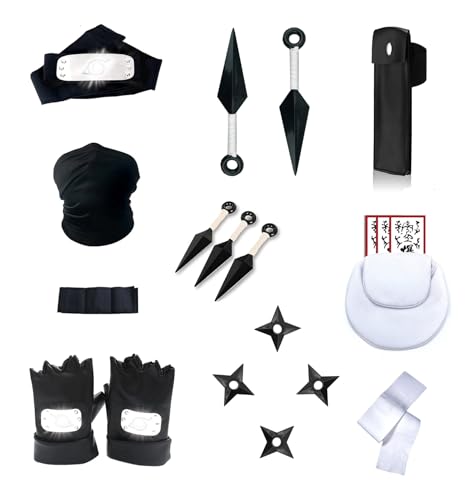 Accesorios Cosplay Ninja Disfraz, Kunai Grande 26cm y 13cm - Shuriken - Bandana - Bolsas - Mascara y Guantes, Kit Armas Plástico Juguete Anime Japones Regalo Cumpleaños Navidad Adulto Niño/a +8 años