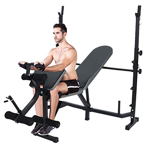 Voberry Adjustable Weight Bench, Multifunctional Workout Station Adjustable Olympic Workout Bench with Squat Rack, Leg Extension, Preacher Curl, and Weight Storage, 750-Pound Capacity (Black)