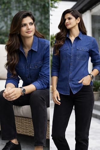 Image of Women's Denim Shirt | Long Sleeve Button Down Casual Shirt | Lightweight Summer Friendly Fabric | Regular Fit | Navy Blue & Charcoal Grey