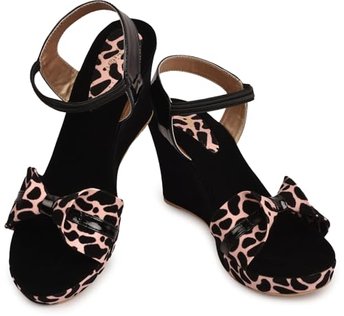 Image of Action Women's Platform Stiletto Sandals| Suede with Animal Print Bow| Heel| Open Toe| Black