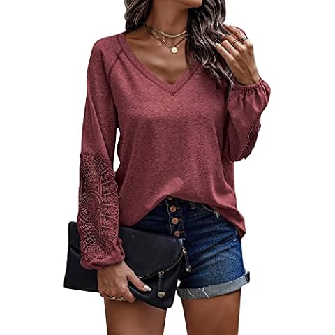 Jaksenr Sweatshirt Womens V Neck Long Sleeve Solid Color Casual Tunic Tops for Women UK Lace Loose fit Women's Blouses Shirts(Wine Red&XXL) Cover
