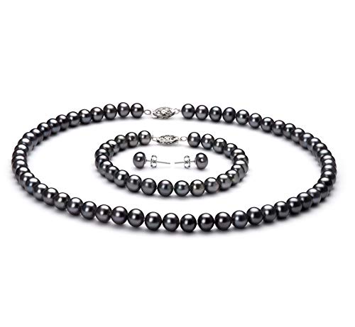 Black 6-7mm AA Quality Freshwater 925 Sterling Silver Cultured Pearl Set For Women