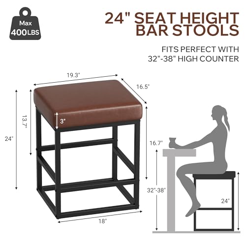 Image of Bar Stools Set of 4, 24in Counter Height Barstools, Faux Leather Counter Stools with Thick Square Seats & Sturdy Metal Base, Modern Bar Chairs for Kitchen Island (Dark Brown)