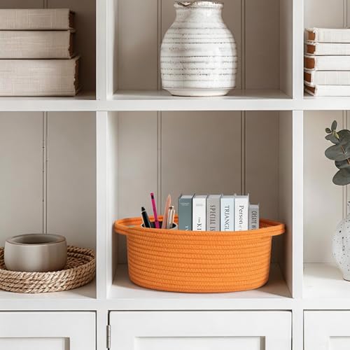 Image of WILLITAT Orange Basket for Gifts Empty, 13 inchx 9 inchx 5 inch Small Woven Gift Basket with Bag and Ribbon, Cotton Rope Dog Cat Toy Bin Box, Cute Baby Nursery Organizer, Decorative Storage with Handles, Orange