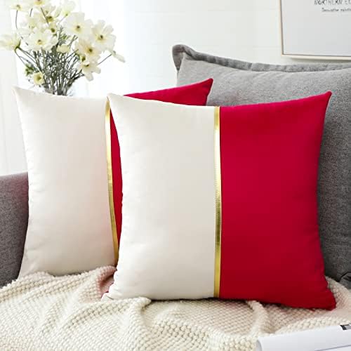 OTOSTAR Red White Velvet Throw Pillow Covers with Gold Leather Patchwork Luxury Modern Minimalist Square Pillowcase Cushion Covers for Living Room Bed Couch Sofa 18x18Inch Set of 2