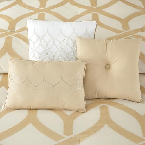 Image of LANCO MODERN LIFESTYLE 7 Piece Gold Comforter Set, California King, Jacquard Geometric Pattern, Bed in a Bag, Cut Velvet Luxury Bedding All Seasons with Pillow Shams, Decorative Pillows and Bed Skirt