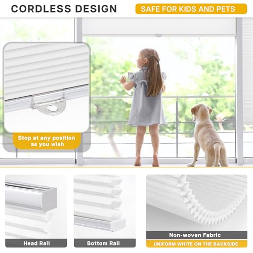 Image of LazBlinds Cordless Cellular Shades, Light Filtering Honeycomb Shades with 1.5 inch Cells, Thermal Insulation Noise Reduction Blinds for Windows, 21 inch W x 48 inch H, White
