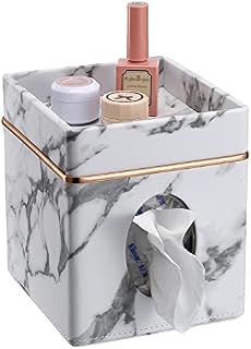 SUMNACON PU Leather Square Tissue Paper Box Holder Cube Facial Tissue Holder, Household Tissue Cover Box with Top Trinket Tray for Napkin, Facial Tissue (Marble White)