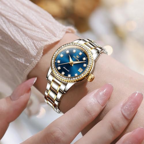 Image of OLEVS Women's Automatic Watch Luxury Mechanical Stainless Steel Two Tone Waterproof Self Winding Dress Small Ladies with Date Diamond Elegant Casual Business Wristwatch Gold /Blue /Black /White