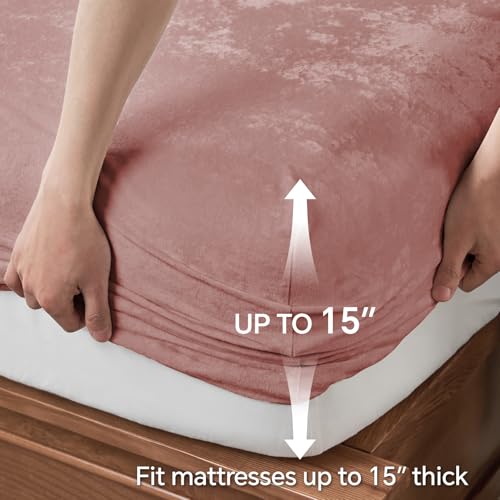 BEDELITE Velvet Fitted Sheet and Pillowcase Set, Luxury Soft Fuzzy Bottom Sheet with Reinforced Elastic Corner Straps, Deep Pocket up to 15 Inch, 1 Fitted Sheet and 1 Pillowcase (Twin, Dusty Pink)
