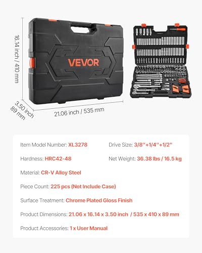 Image of VEVOR Socket Set, 225 Pieces, 3 /8 & 1 /4 & 1 /2 inch Drive Socket and Ratchet Set, SAE and Metric, Deep and Shallow, Mechanic Tool Kit with Bits, Accessories, Storage Case, CR-V Alloy Steel, for Repair