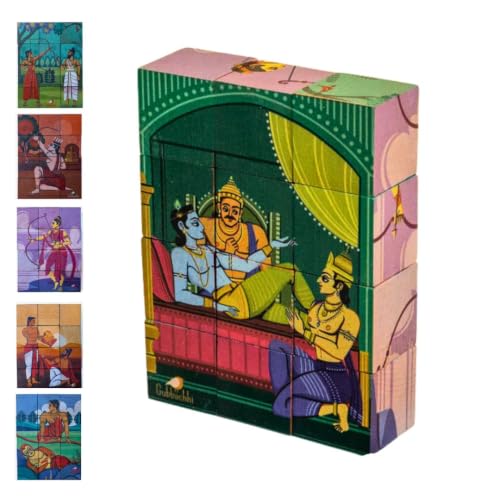 Image of 3D Wooden Toys for Kids 3-8 Yrs | 6 Puzzles in 1 Toy + 30 Activities | 12 Natual Wooden Puzzles for Kids with Activity Book | Indian Folk Art Wooden Blocks | Mahabharata Theme