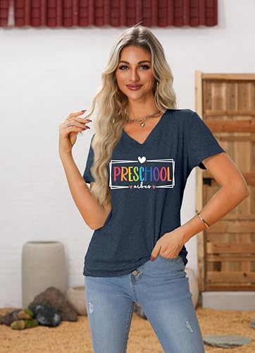 Preschool Vibes Shirts for Women Preschool Teacher T Shirts Funny V Neck Tees Teacher Back to School Summer Tops2