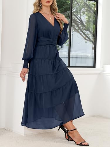 ANRABESS Womens Floral Long Sleeve Maxi Dress V Neck Chiffon Flowy Boho A-Line 2026 Spring Wedding Guest Party Wrap Dresses Navy Blue X-Large — view 2