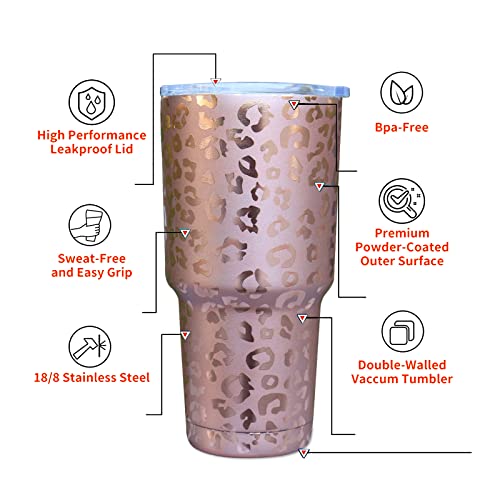 Gabigaba Leopard Print Tumbler, 30Oz 20Oz Insulated Tumbler Stainless Steel, Double Wall Vacuum Coffee Mug Cheetah Water Bottle Cup, Travel Mug With Lid For Women (Rose Gold 30Oz) #TOP2