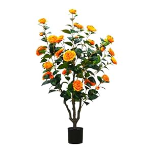 Artificial Flower Trees Outdoor with more 43IN 32 Blooming Flowers Orange Tree Camellia Tree Hibiscus Tree,Fake Outdoor Trees Porch Pot, Maintenance Free, Indoor Outdoor Office Home Decor, Gifts,