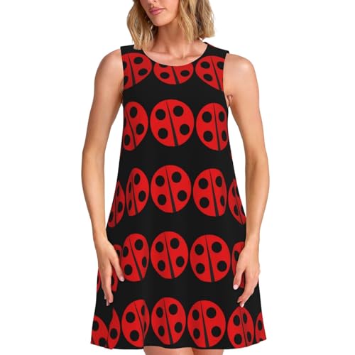 Robe d'été sans manches pour femme : robe t-shirt ample avec poches imprimé coccinelle