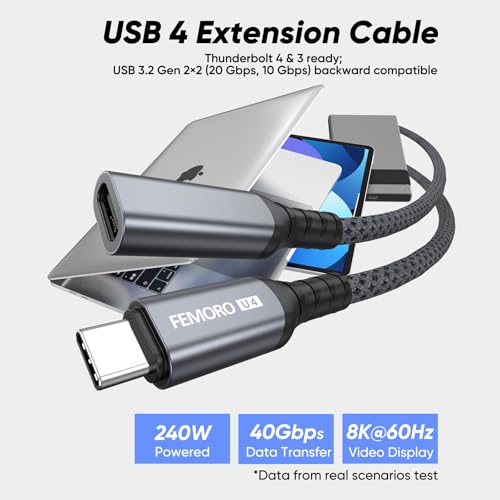 Thunderbolt 4 Extension Cable 3ft, [8K@60Hz/40Gbps/240W] USB 4 Extender, Video Display Type-C Male to Female Cord Full Function for Thunderbolt 4/3 Dock Hub MacBook Air Pro iPad iPhone 17 Monitor by FEMORO - Used condition - US$8.09