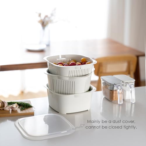 SHIMOYAMA Vegetable Washing Basket, 3-Tier Plastic Kitchen Colander Set with Lid, 3-in-1 Mulfunctional Strainer for Food Fruit Cleaning Storage, Microwave & Dishwasher Safe, White - Image 8