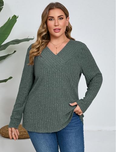 Image of Plus Size Sweaters for Women Casual V Neck Tops Long Sleeve Shirts Oversized Lightweight Knit Sweater