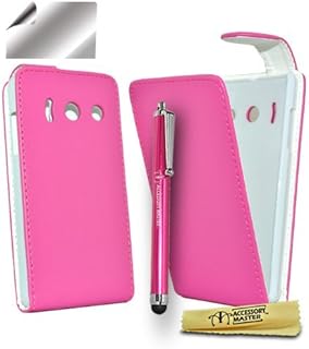 Accessory Master - Pack de funda de piel tipo libro, protector de pantalla y lápiz para pantalla táctil para Huawei Ascend Y300, color rosa