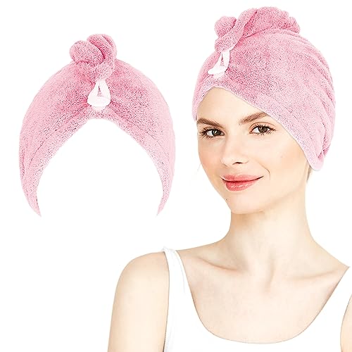 WLLHYF Microfiber Hair Towel Wrap Fast Drying Thick Turban Ultra Soft Absorbent Hair Dry Cloth Hat Coral Fleece Anti Frizz Head Wrap with Button for Curly Thick Long Hair Bath Beauty (Pink)