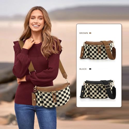 Image of 2 Pcs Checkered Crossbody Bags for Women Bum Bag Checkered Cross Body Sling Backpack Hobo Satchels Shoulder Wallet Purses