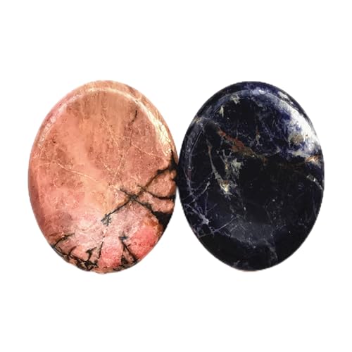 Bacatgem 2 Pcs Natural Sodalite and Rhodonite Crystal Thumb Worry Stone,Stress Relax Healing Reiki Crystal Pocket Palm Stones