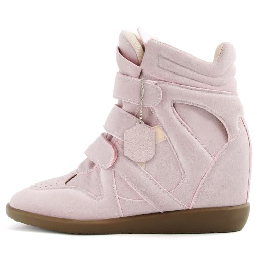 Image of Wedge Sneakers for Women Heels Suede Hook and Loop High Heel Tennis Round Toe Triple Strappy Band Casual Vintage Fashion Dressy Comfy Campus Trendy Retro Sneaker