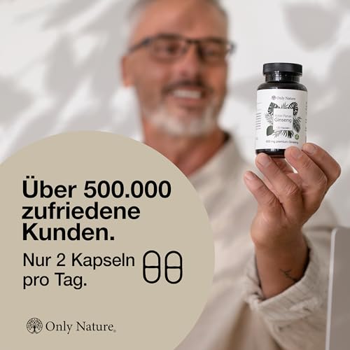 Only Nature® Ginseng 600 mg - Extra Hochdosiert (120 mg Ginsenoside) - 120 Kapseln - 100% Vegan - in Deutschland produziert & Laborgeprüft - Roter Panax Ginseng