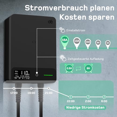 dé Typ 2 Wallbox 11kW mit APP und RFID, 6-16A 3-Phasen EV-Ladegerät 400V mit 7,5m Ladekabel und Kabelhalter für BEV/PHEV, RCD Typ-B & IP54-Schutz, effiziente Ladestation für Zuhause, schwarz