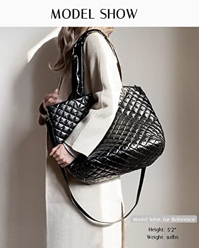 Hsitandy Quilted Tote Bag For Women,Weekender Bag,Light Nylon Quilted Crossbody Shoulder Bag For Travel,Work(Black) #TOP1