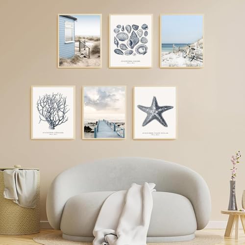 6Pcs Blue Beach Wall Art Preppy Beach Hut Wall Decor Pictures Ocean Boho Reed Starfish Conch Coral Ocean Canvas Posters Prints for Dorm Apartment Living Room Home Dining Room Decorations Unframed by Tainilen - Used condition - Image 3