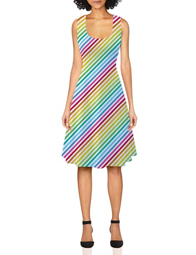 uideazone Ladies  Deep U Neck Dress Ladies Sleeveless Stripe A Line Sundress Casual Flared Pleated Halter Dress for Party Beach Vacation