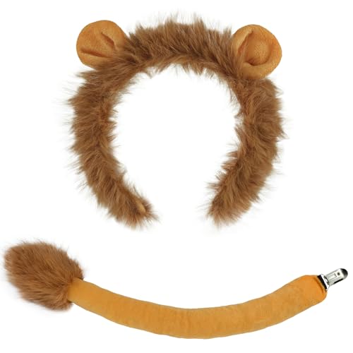 Beviliu Lion Ears and Tail Set 2 Pieces Lions Costume Plush Realistic Animal Ears Headband Halloween Christmas Cosplay Animals Party Lion Costume Accessories Make up Dressing up Headband for Adult