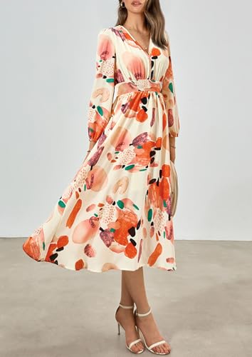 PRETTYGARDEN Women's Floral Midi Dress Casual Fall V Neck Long Sleeve Flowy Spring Beach Wedding Guest Vacation Dresses