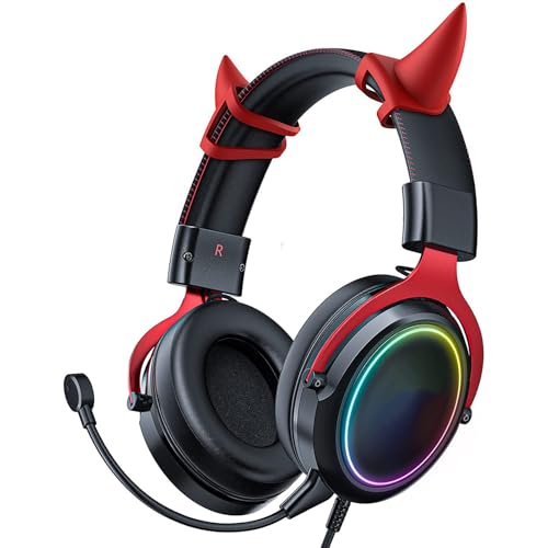 Image of Denash Cat Ear Headphones, Wired RGB Gaming Headset with Mic, Luminous Noise Reduction Over Ear Cute Headphones for Gamers (Black Red)
