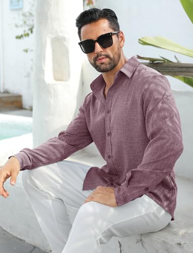 MAPICK Mens Linen Textured Shirts Casual Button Down Long Sleeve Fall Tropical Beach Vacation Shirts(Dark Purple,3X-Large) — view 3