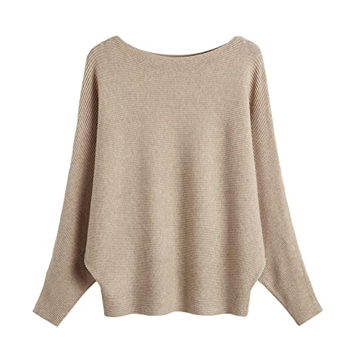 Image of Blostirno Women's Boat Neck Batwing Sleeves Dolman Ribbed Knitted Sweaters Pullovers Tops