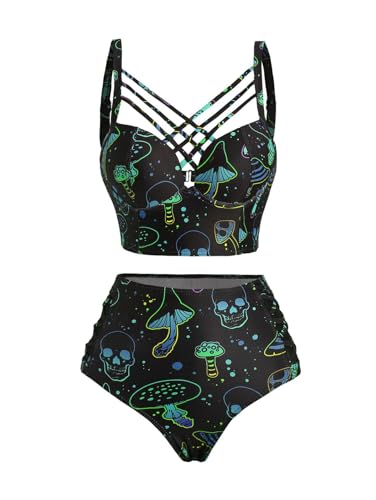 DRESSFO Gothic Galaxy Skull Print Bikini Set Retro Vintage Tummy Control Two Piece Tankini