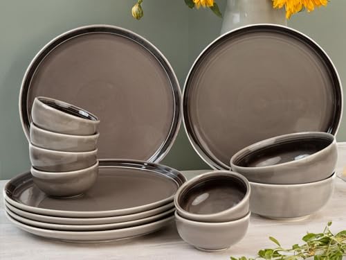 Image of Bodhi House Handcrafted Chip Resistance Porcelain Dinner Set, 14 Pieces Dish Set Serving for 6, Microwave and Dishwasher Safe, Bone-ash Free, Crockery Set for Dining and Gifting, Smoke Grey