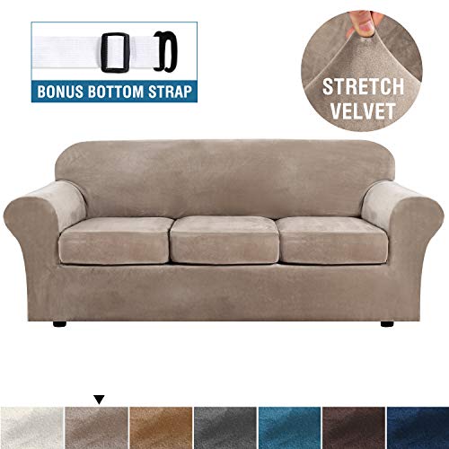 H.VERSAILTEX Modern Velvet Plush 4 Piece High Stretch Sofa Slipcover Strap Sofa Cover