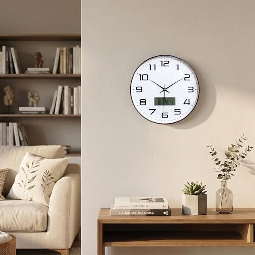 Image of RANDOM Premium Wall Clock, Black Plastic Frame, Gold 3D Numbers, 32 cm, Silent Sweep, HD Reinforced Glass (Digital Brown)
